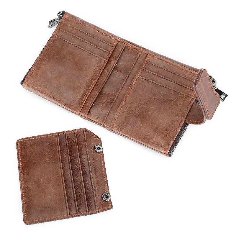 Men's Double Zipper Buckle Cow Leather Business Vintage Wallet Mens Purse